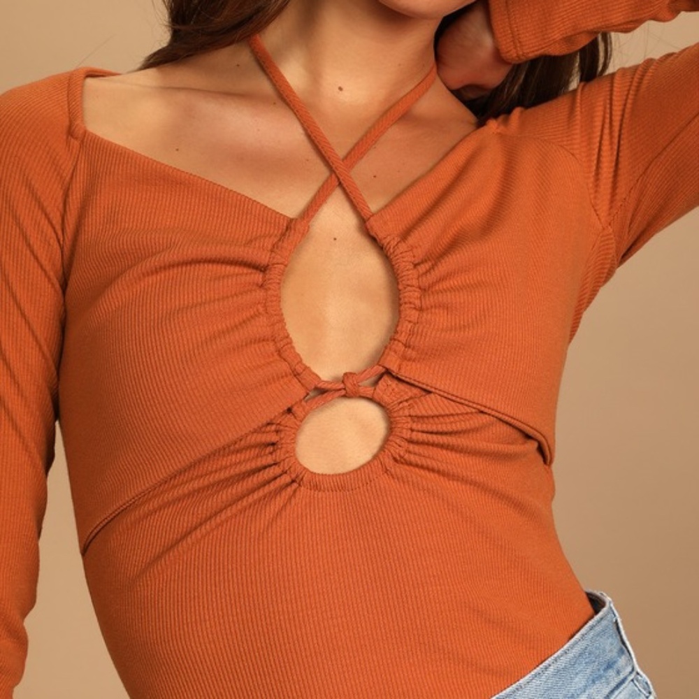 Draw Me Closer Rust Orange Halter Neck Long Sleeve Top